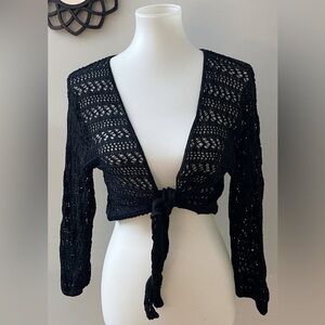 Vintage Periwinkle Black Open-Knit Crochet Style Crop Cardigan Bohochic